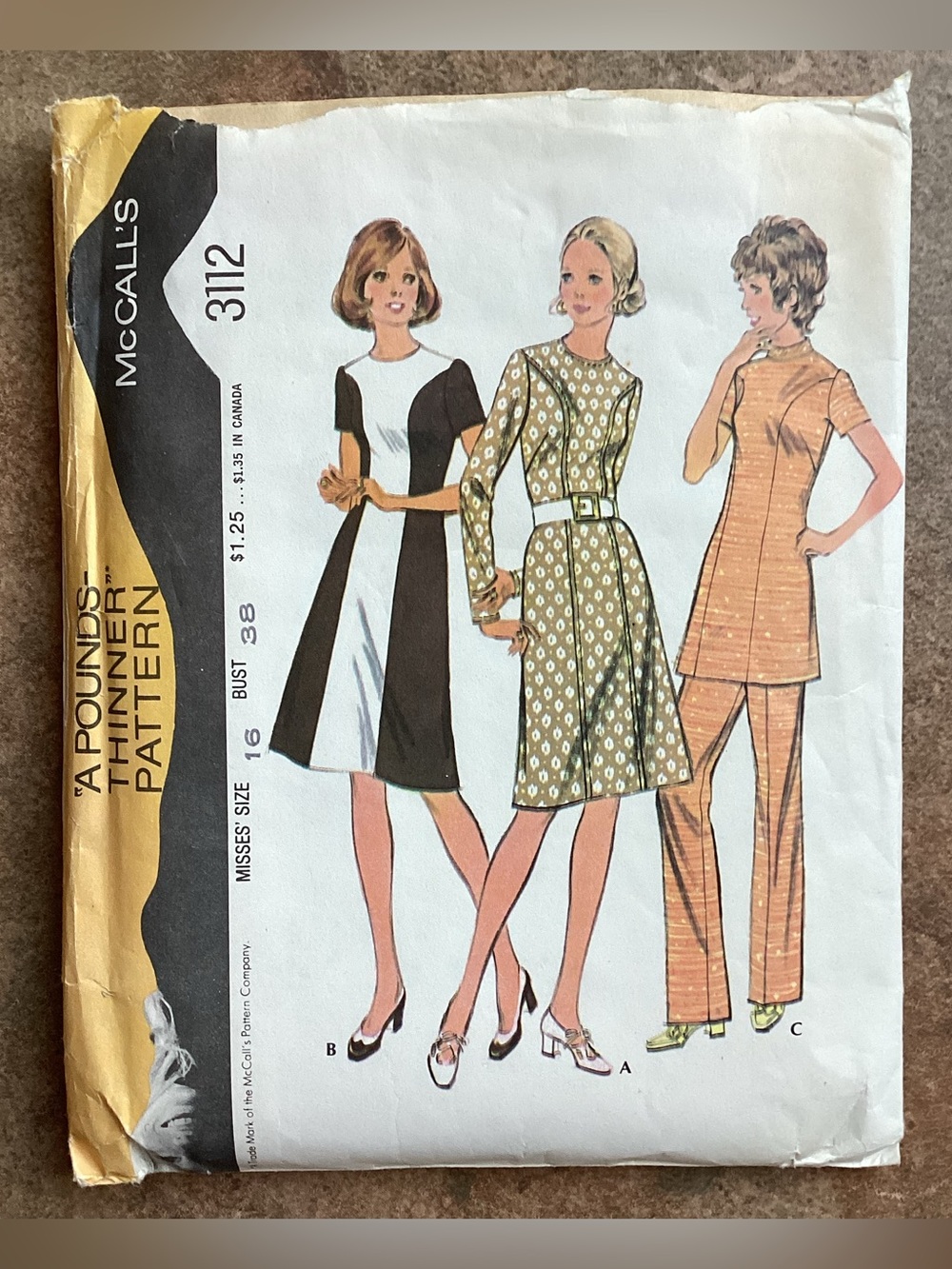 Vintage 1972 McCall's 3112 Sewing Pattern Misses' Dress or Tunic & Pants, 70s
